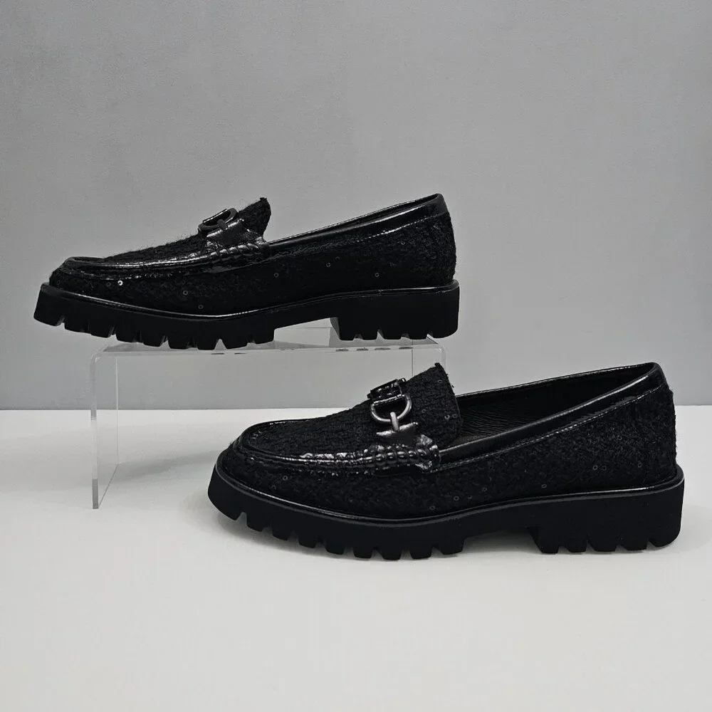 Donald Pliner Helio Lug Sole Loafer Womens 9 Black Boucle Sequined Platform NEW - Picture 2 of 14